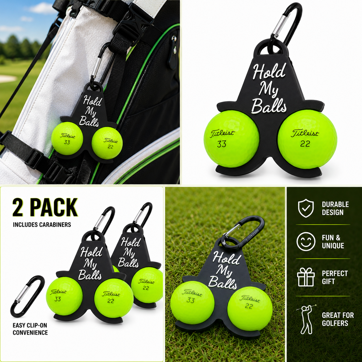 Hold My Balls – Funny Golf Ball Holder & Bag Clip, 2-Pack