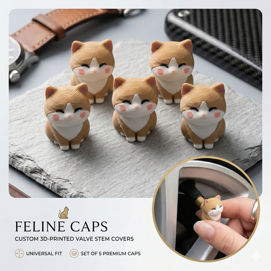 Kawaii Smiling Feline 3D-Printed Valve Stem Caps - Set of 5, Bicolor Tan & White