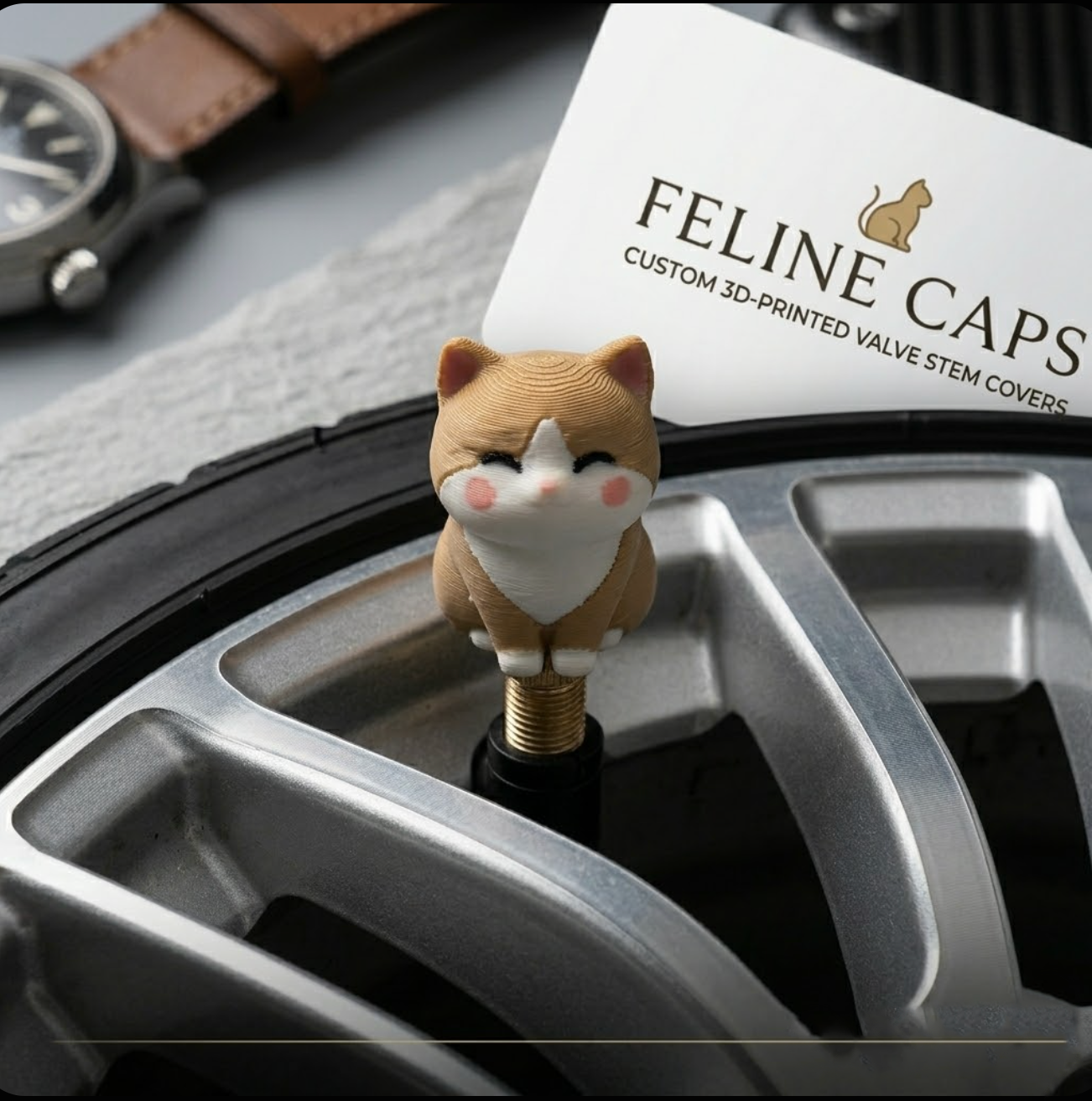 Kawaii Smiling Feline 3D-Printed Valve Stem Caps - Set of 5, Bicolor Tan & White